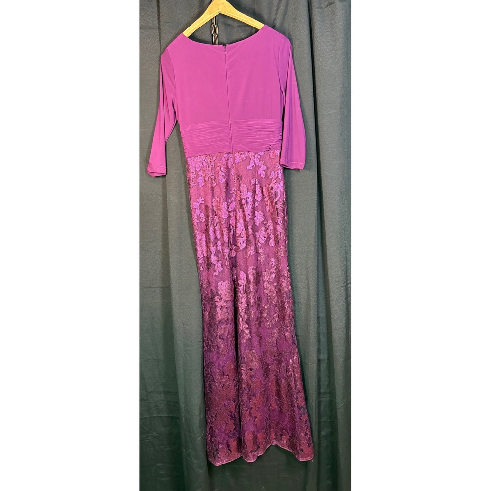 Adrianna Papell Purple Sequin Lace Jersey Gown 3/4 Sleeve Maxi Dress Size 4